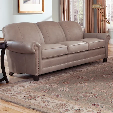 Stationary Sofa with Rolled Arms, Wood Feet, and Nail Head Trim